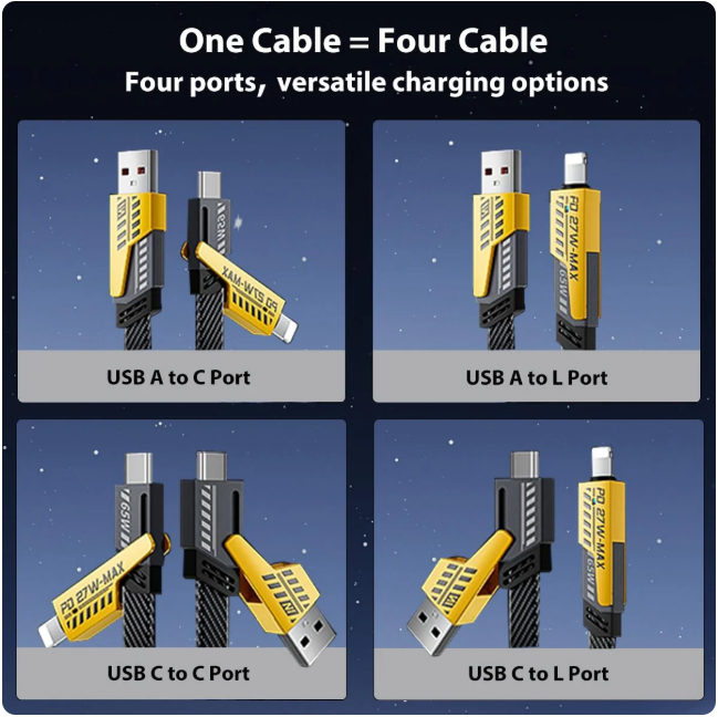 4 in 1 Fast charging Cable PD65W 1.5MLength (usB-A, Type C, Lightning)