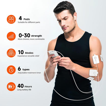 TENS EMS Muscle Stimulator – 10 Modes, Dual Channel, 30 Intensity Levels, Compact & Rechargeable